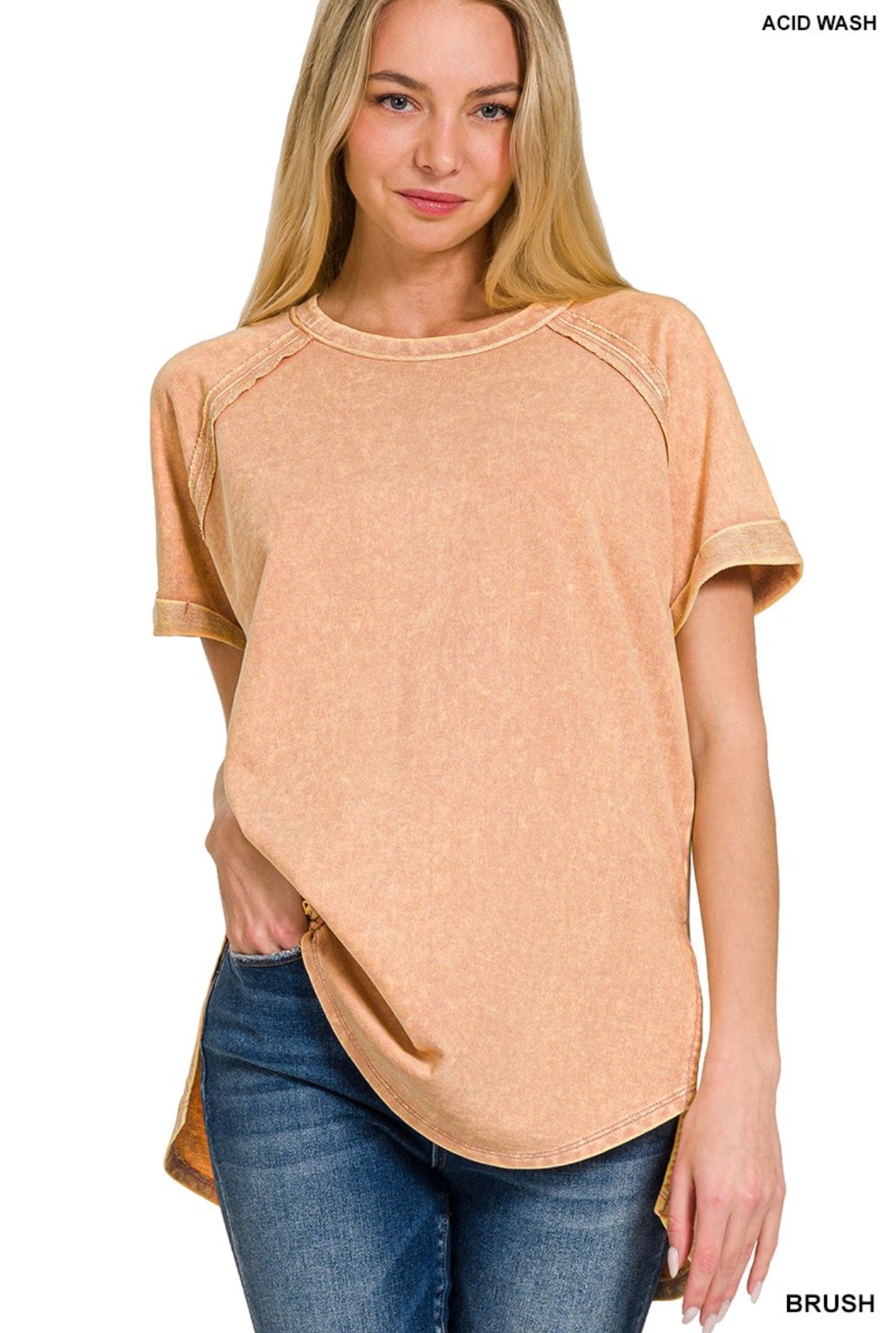 Zenana-F/Terry Acid Wash Short Cuff Sleeve Shirt(More Colors)