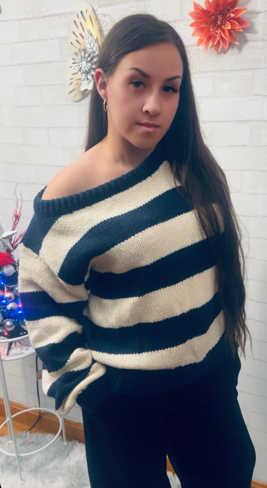 Off The Shoulder Striped Knit Sweater