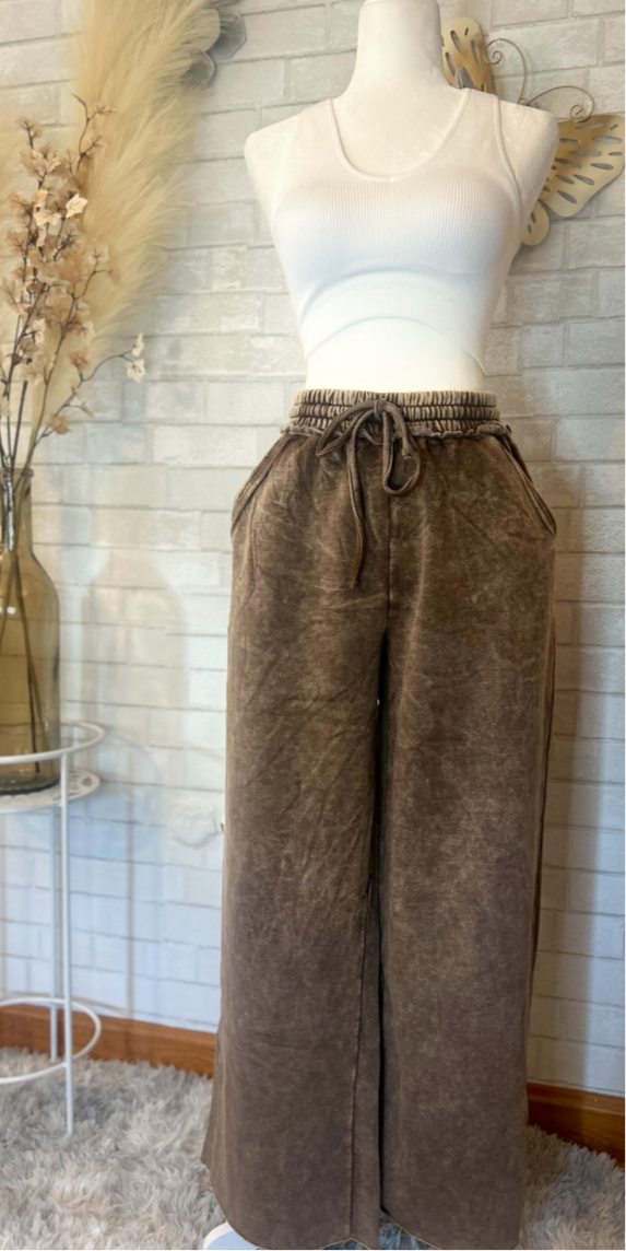 Zenana-Acid Wash Fleece Palazzo Sweatpants With Pockets(More Colors)