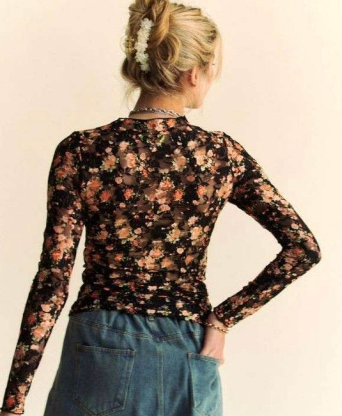 Floral Print Mesh Long Sleeve Top