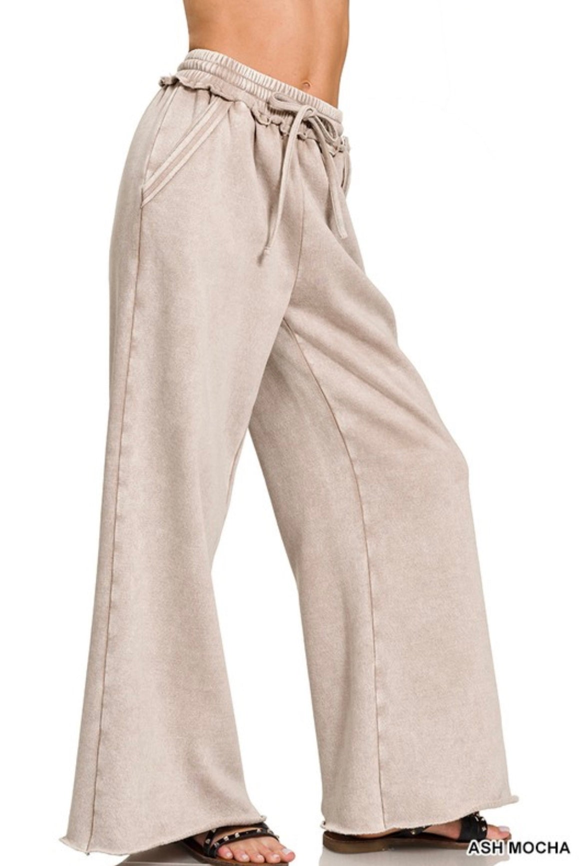 Zenana-Acid Wash Fleece Palazzo Sweatpants With Pockets(More Colors)