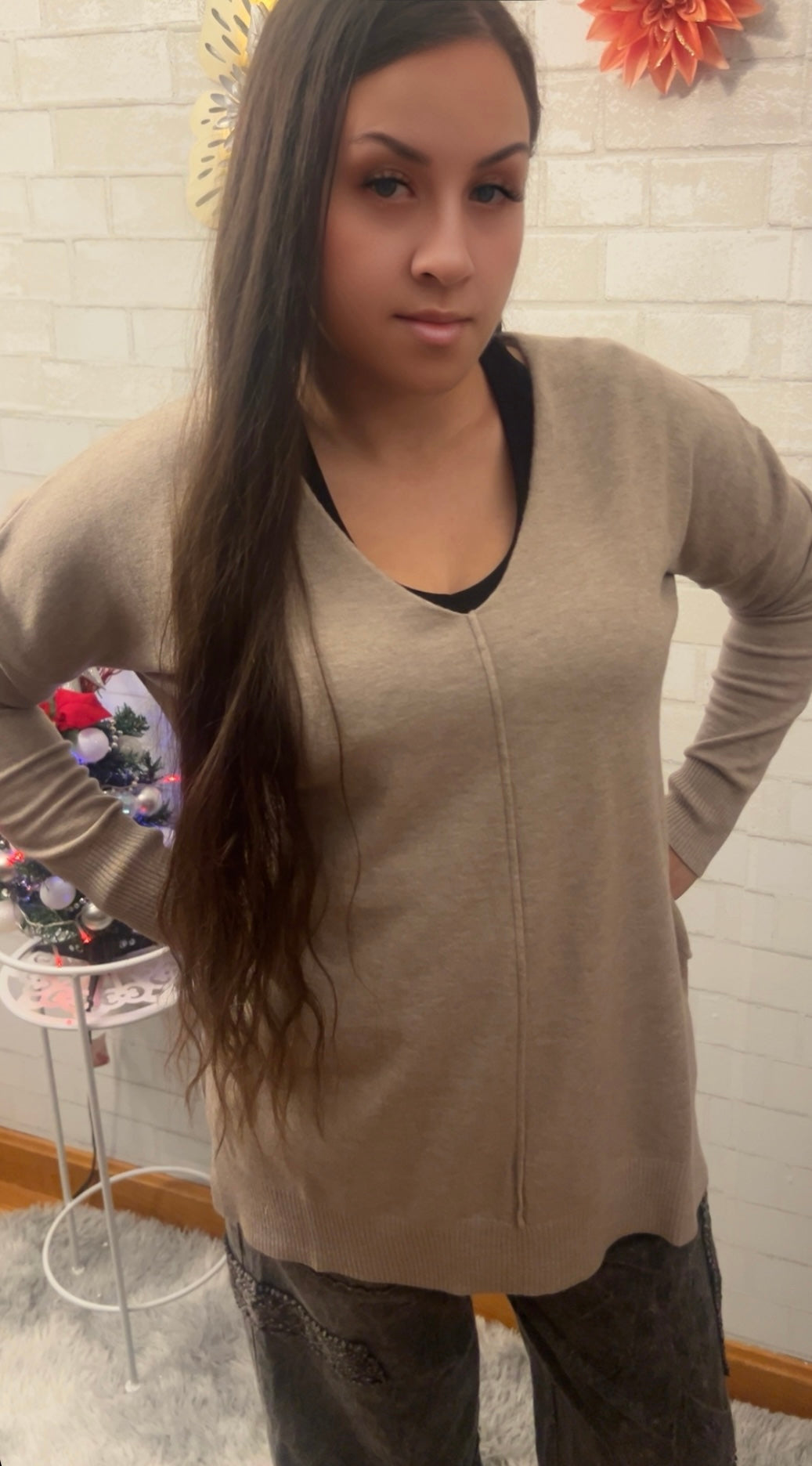 Zenana-Hi-Low Hem V-Neck Center Seam Sweater.