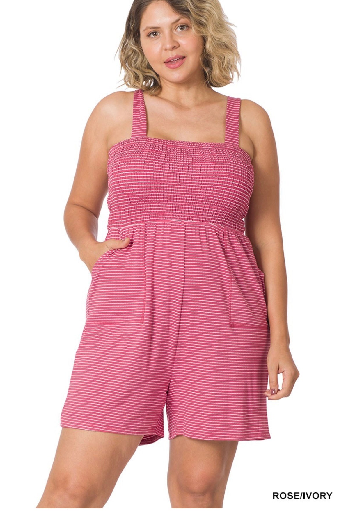 Zenana-Beach Day Smocked Top Striped Romper
W/Pockets (Plus Size)