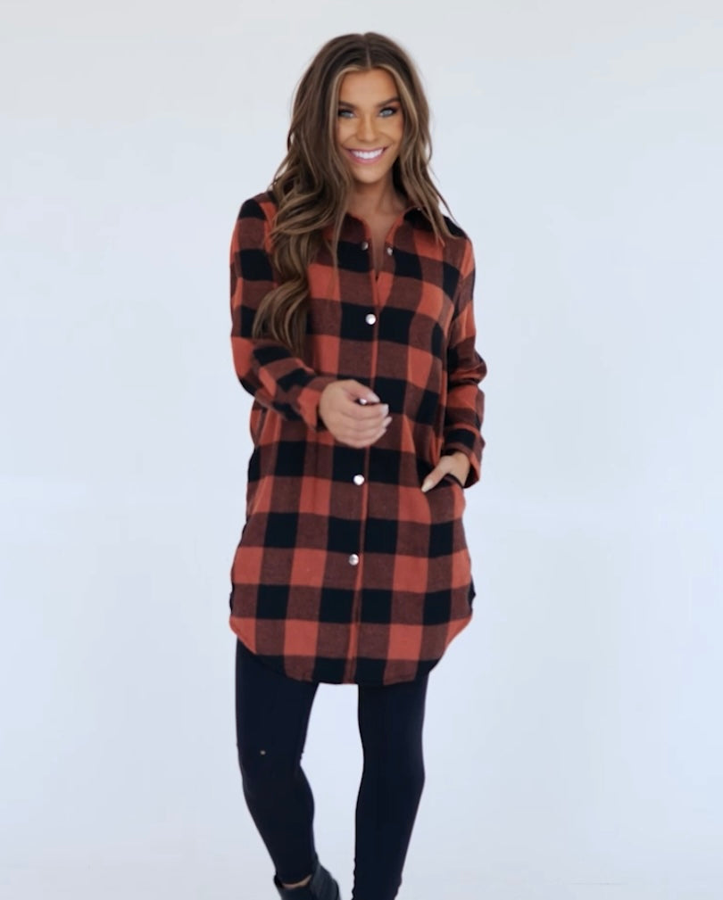 On The Go Plaid Turn-down Collar Shacket W/Pockets