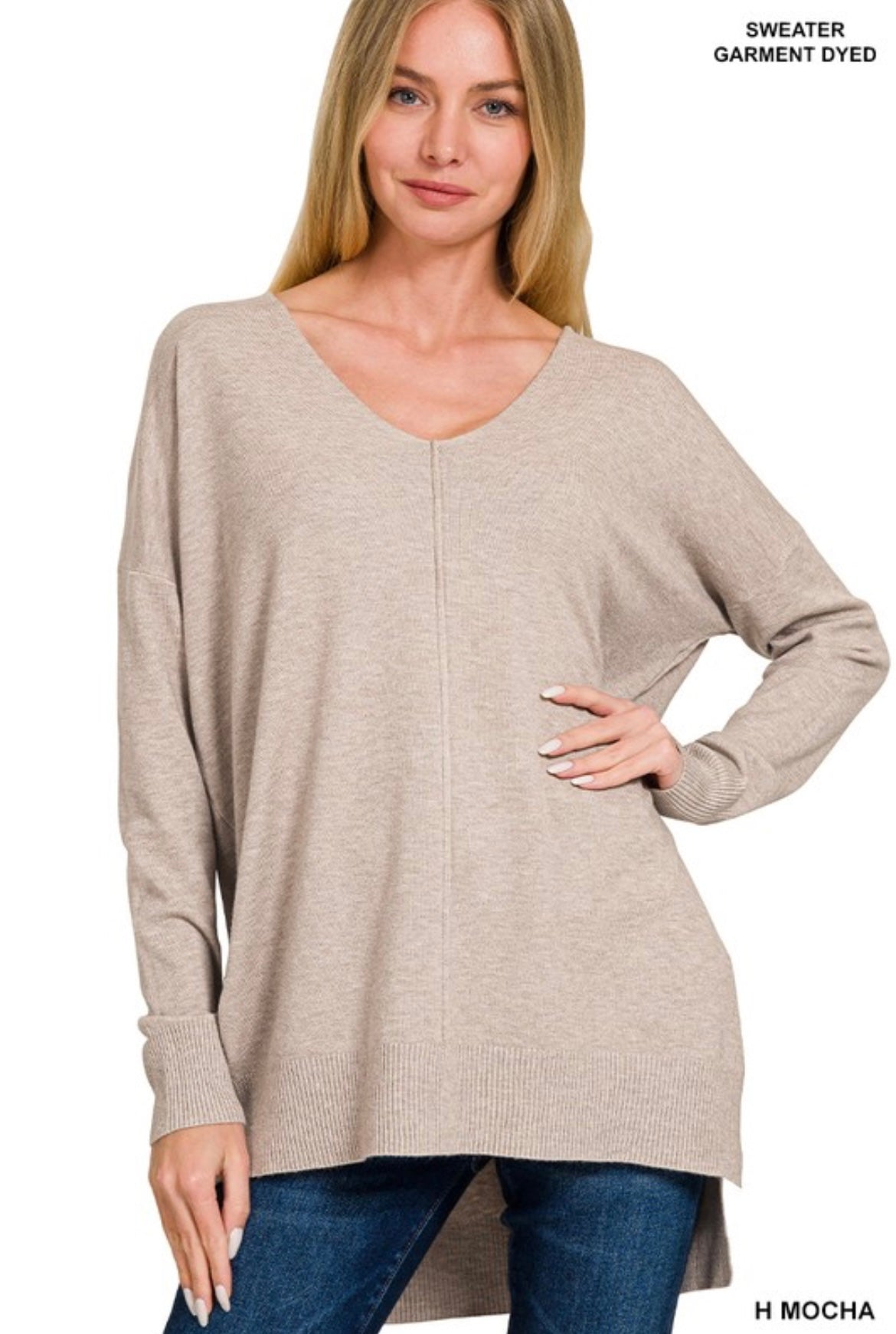 Zenana-Hi-Low Hem V-Neck Center Seam Sweater.