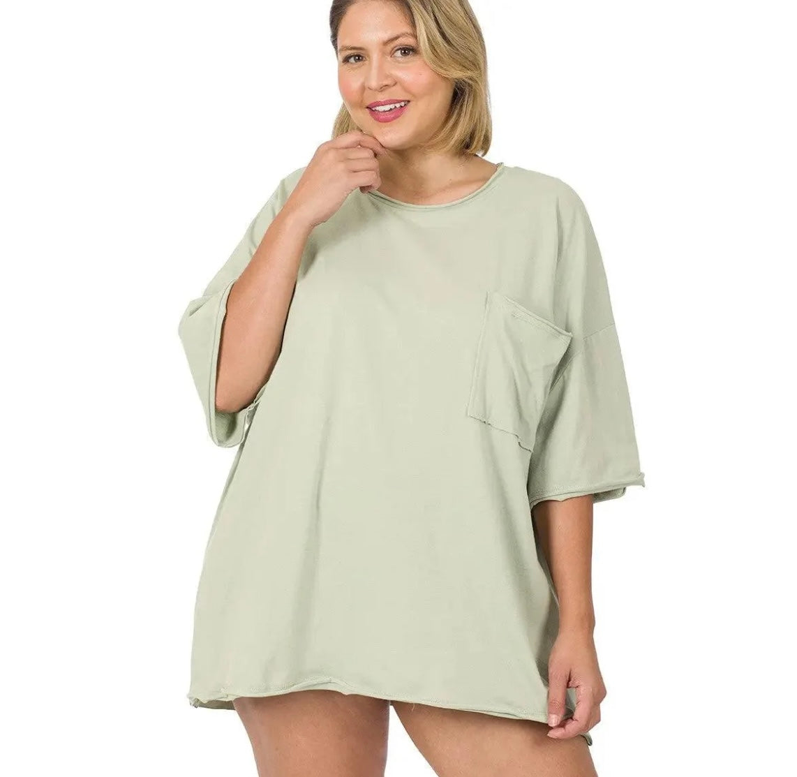 Plus Size- Zenana Oversized Raw Edge Boyfriend Tee
W/Front Pocket(More Colors)
