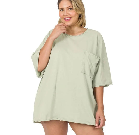 Plus Size- Zenana Oversized Raw Edge Boyfriend Tee
W/Front Pocket(More Colors)