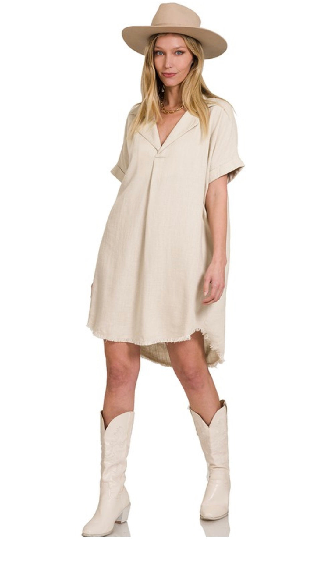 Zenana-Linen Shirt Dress W/ Frayed Hem(More Colors)