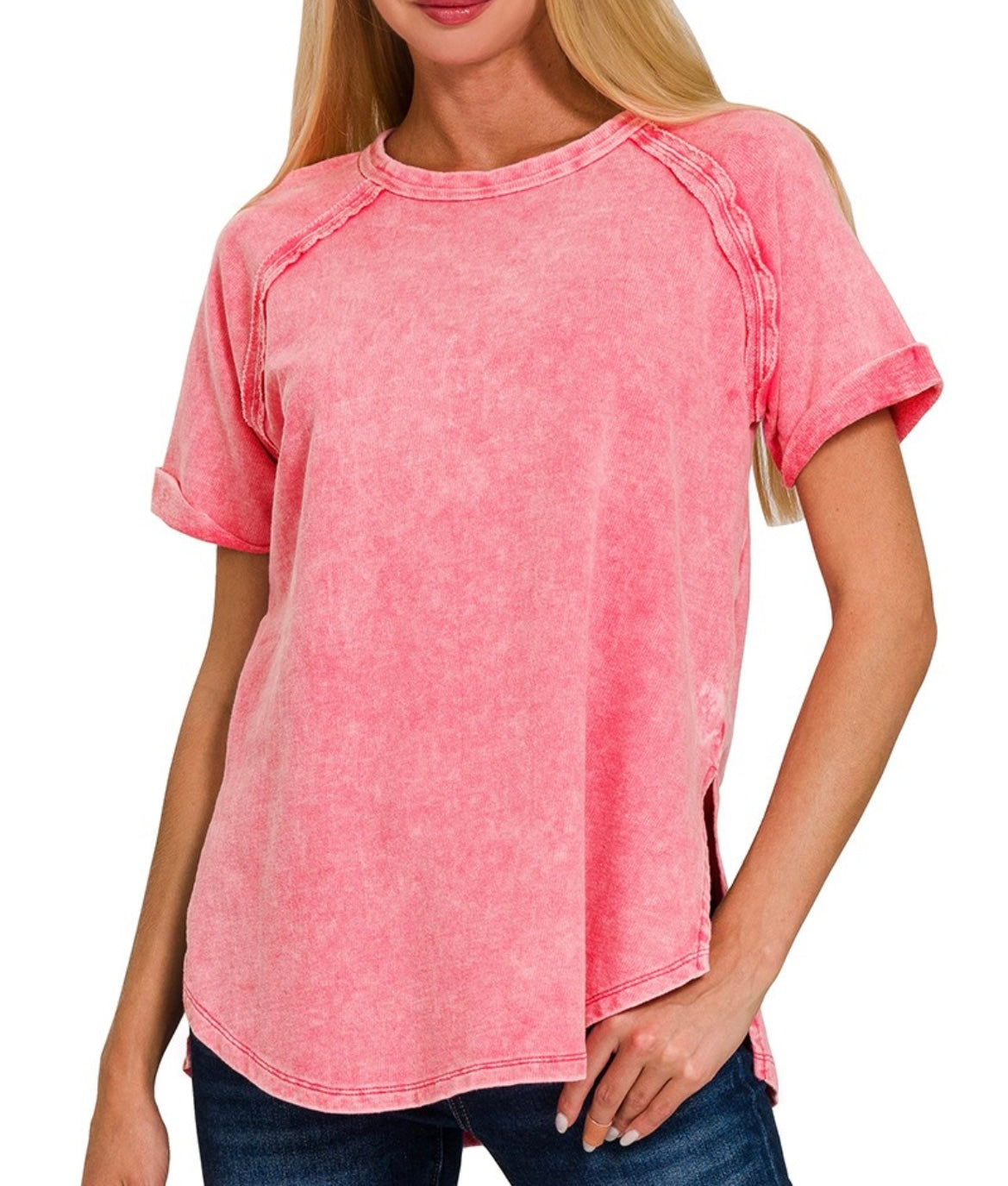 Zenana-F/Terry Acid Wash Short Cuff Sleeve Shirt(More Colors)