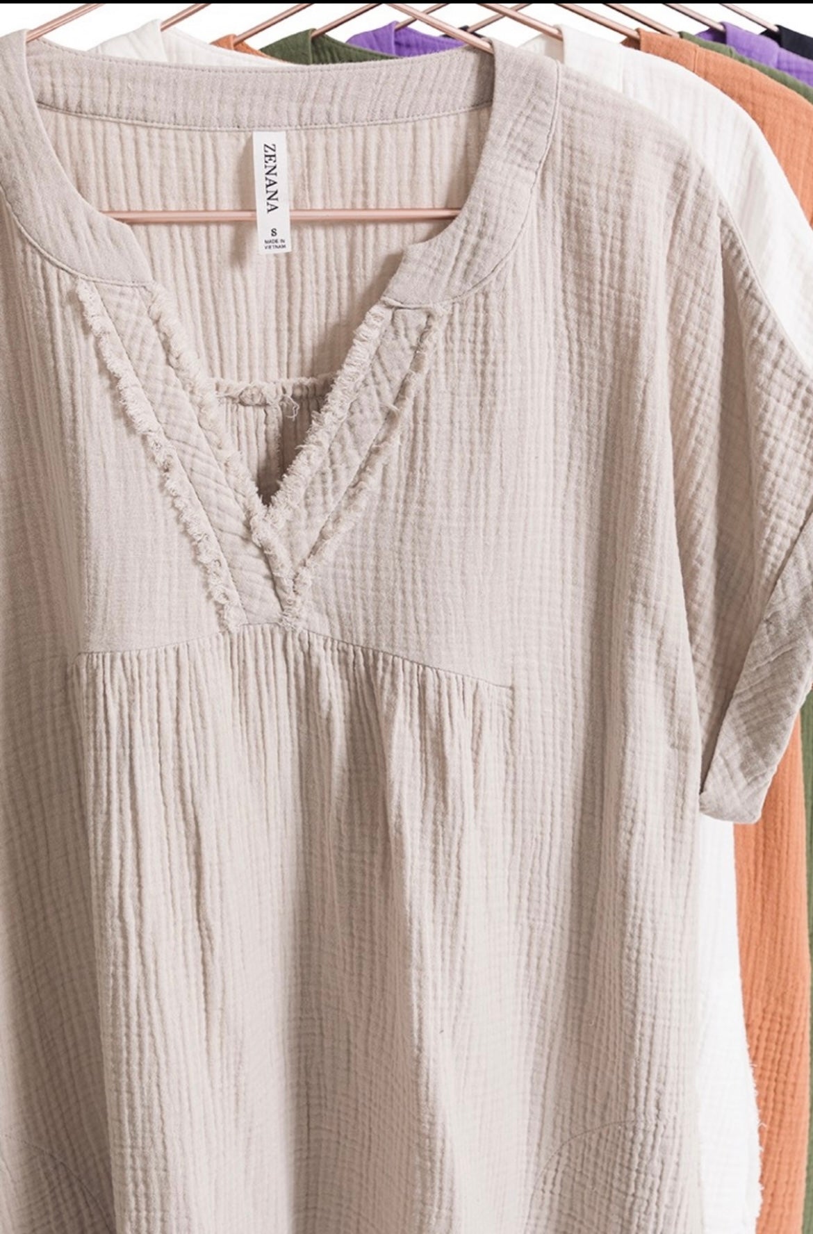 Zenana -Double Gauze Raw Edge V-Neck Dress W/Pockets(More Colors)