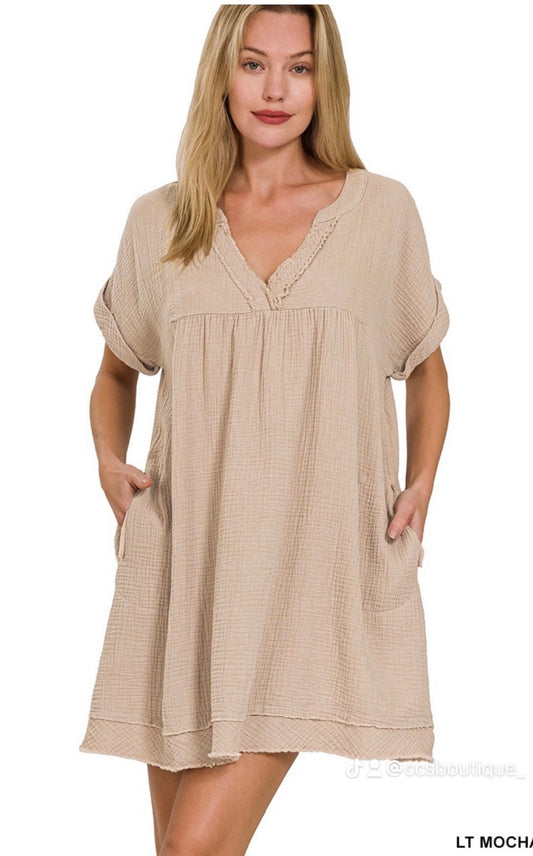 Zenana -Double Gauze Raw Edge V-Neck Dress W/Pockets(More Colors)