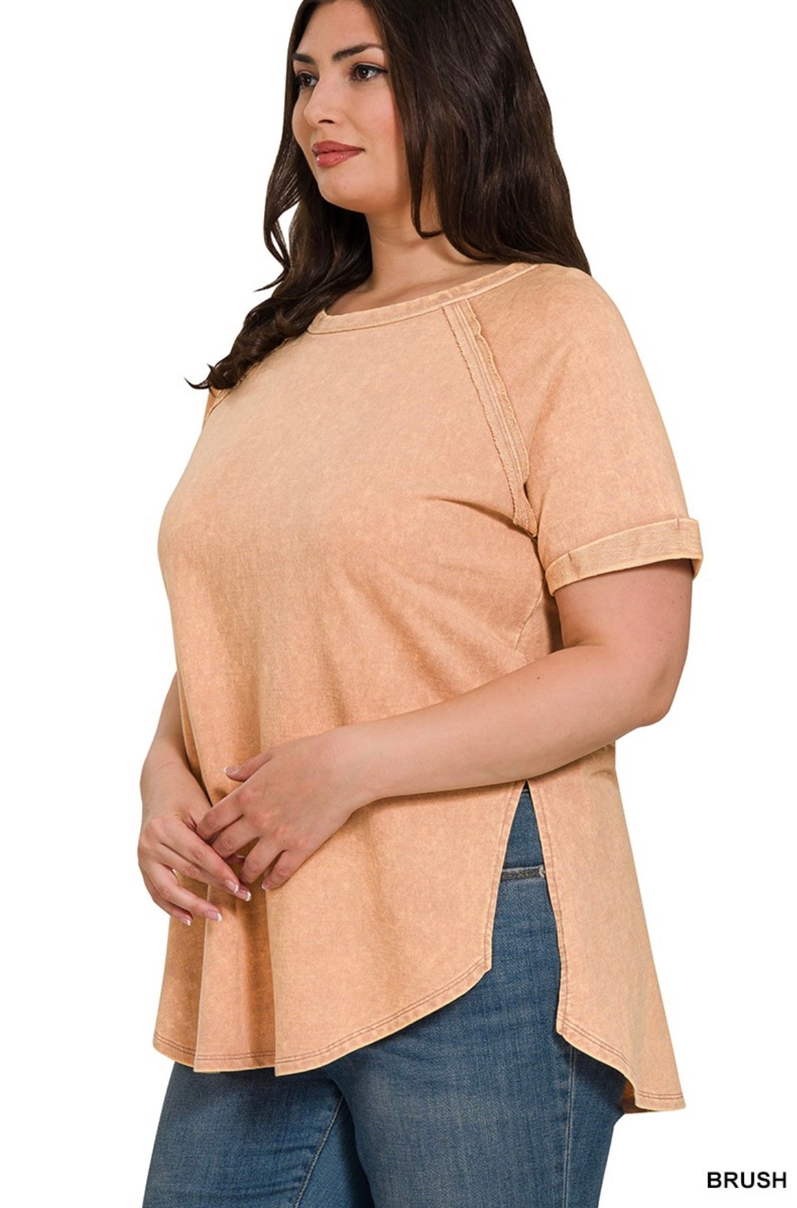 Zenana-F/Terry Acid Wash Short Cuff Sleeve Shirt(More Colors)