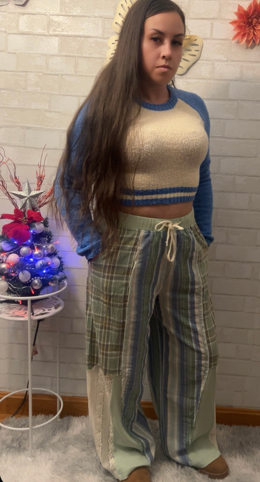 Pol-Elastic waist band plaid print lace straight pants