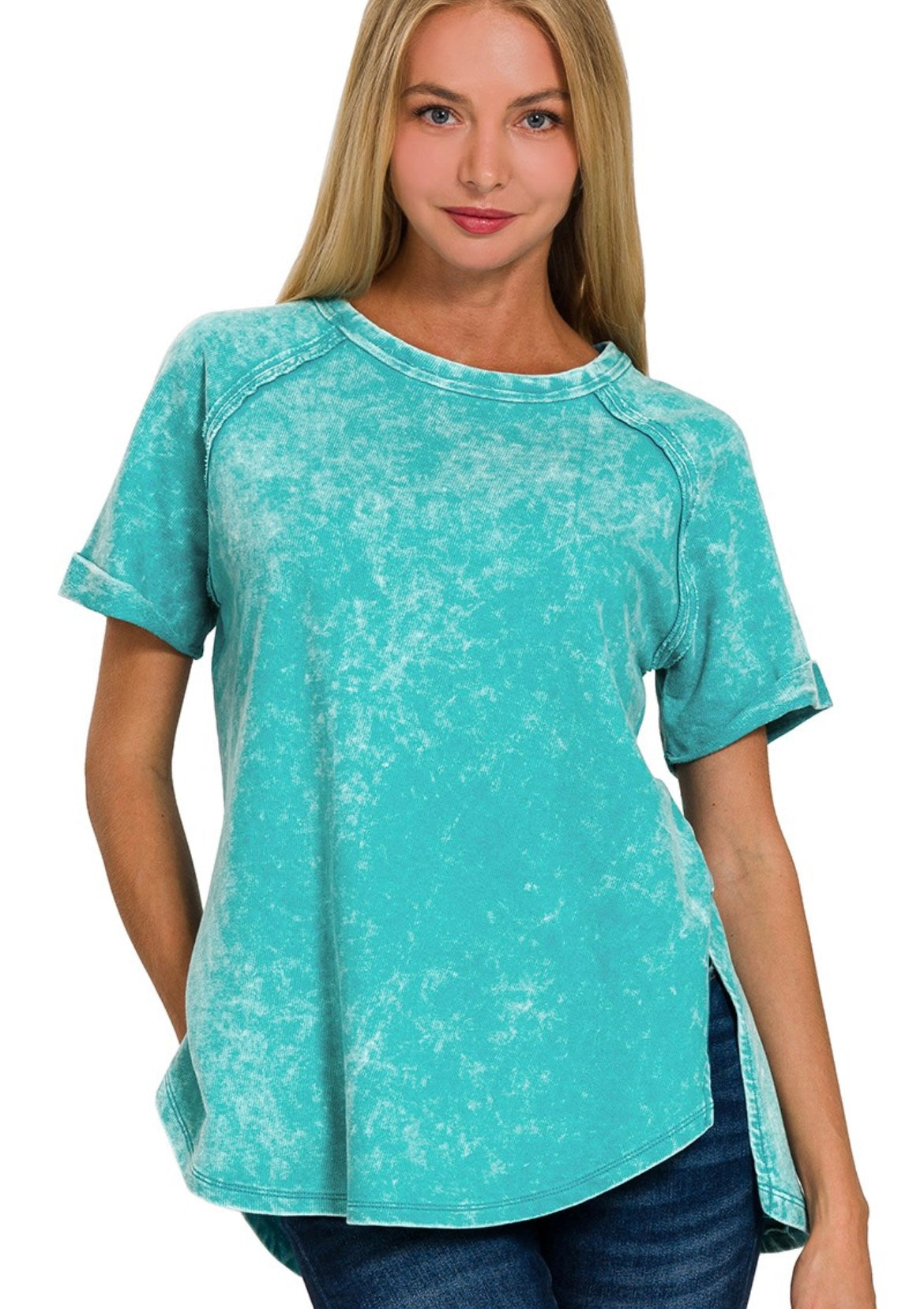 Zenana-F/Terry Acid Wash Short Cuff Sleeve Shirt(More Colors)