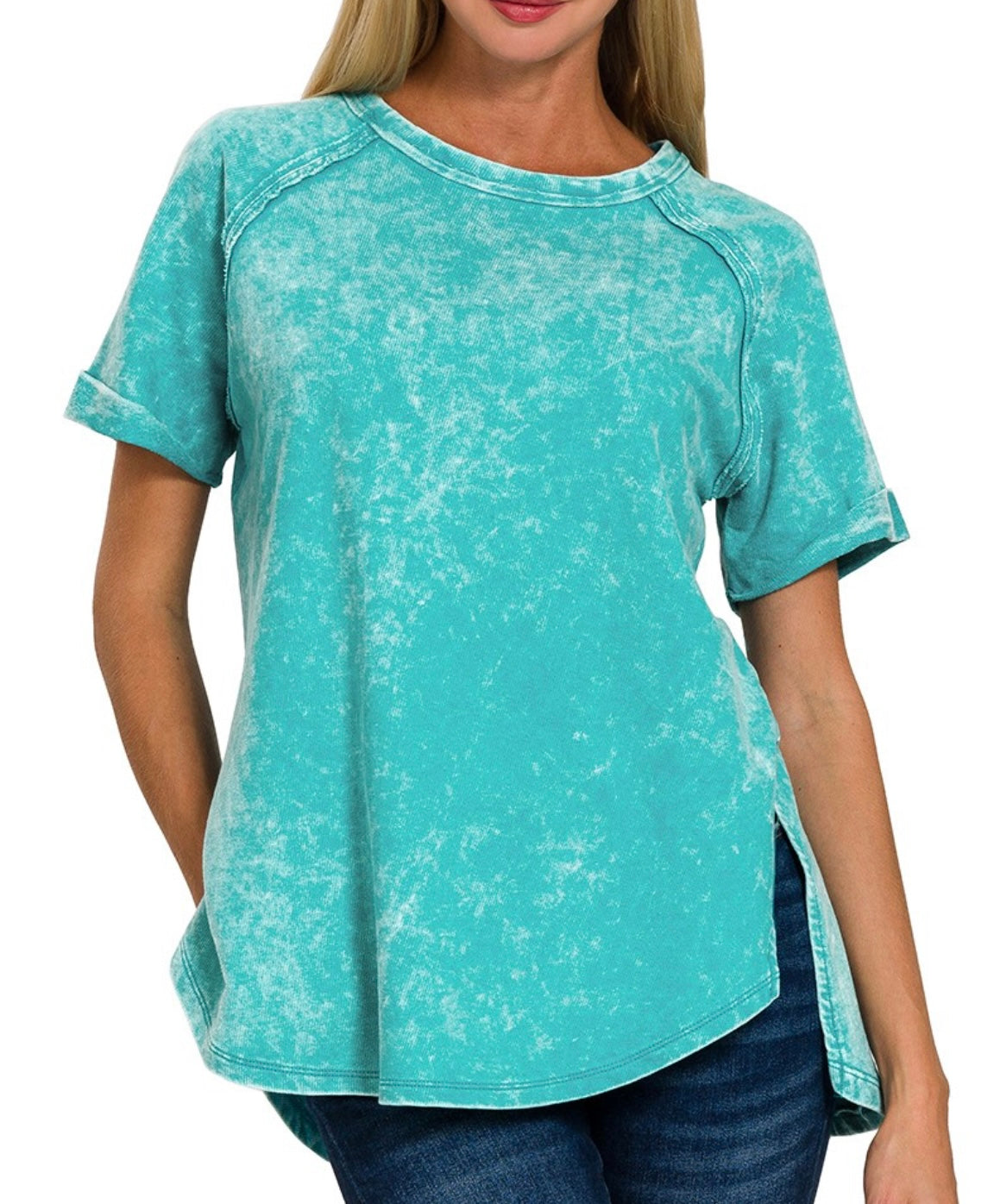 Zenana-F/Terry Acid Wash Short Cuff Sleeve Shirt(More Colors)