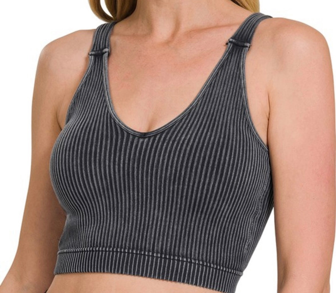Zenana-Washed Ribbed Cropped Bra Padded Tank Top V-Neck(More Colors)