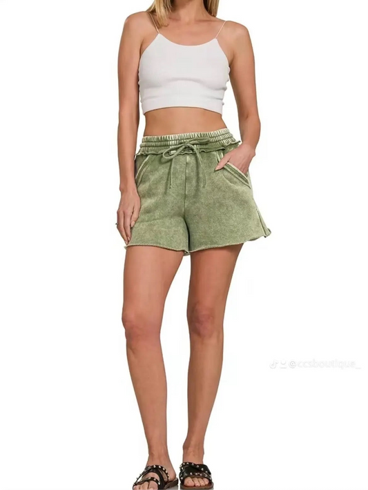 Zenana-Chill Out Acid Wash Fleece Drawstring Shorts W/Pockets(More Colors)