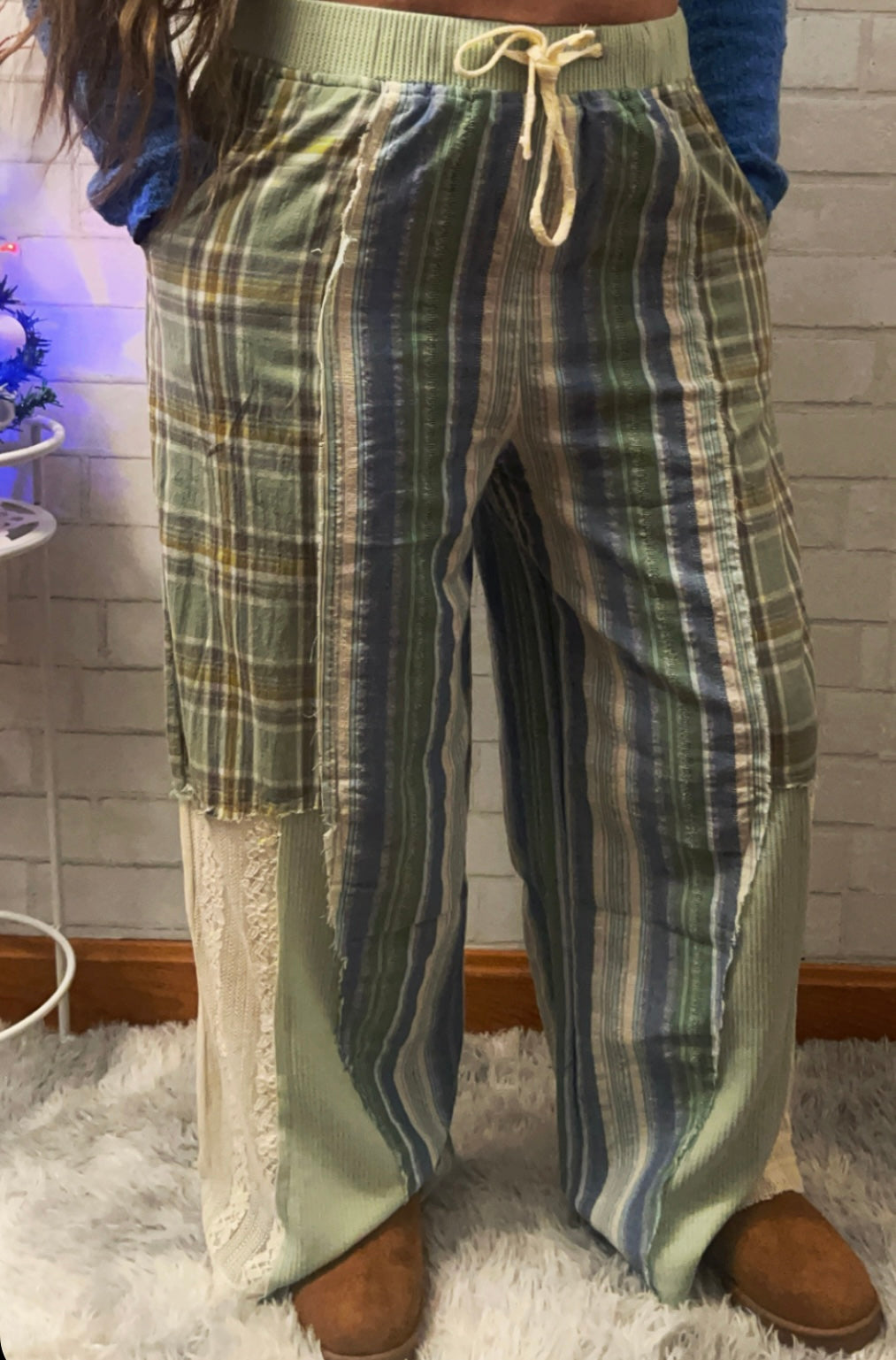 Pol-Elastic waist band plaid print lace straight pants