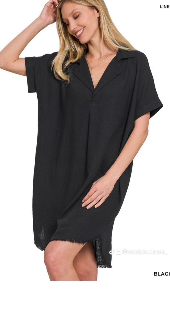 Zenana-Linen Shirt Dress W/ Frayed Hem(More Colors)