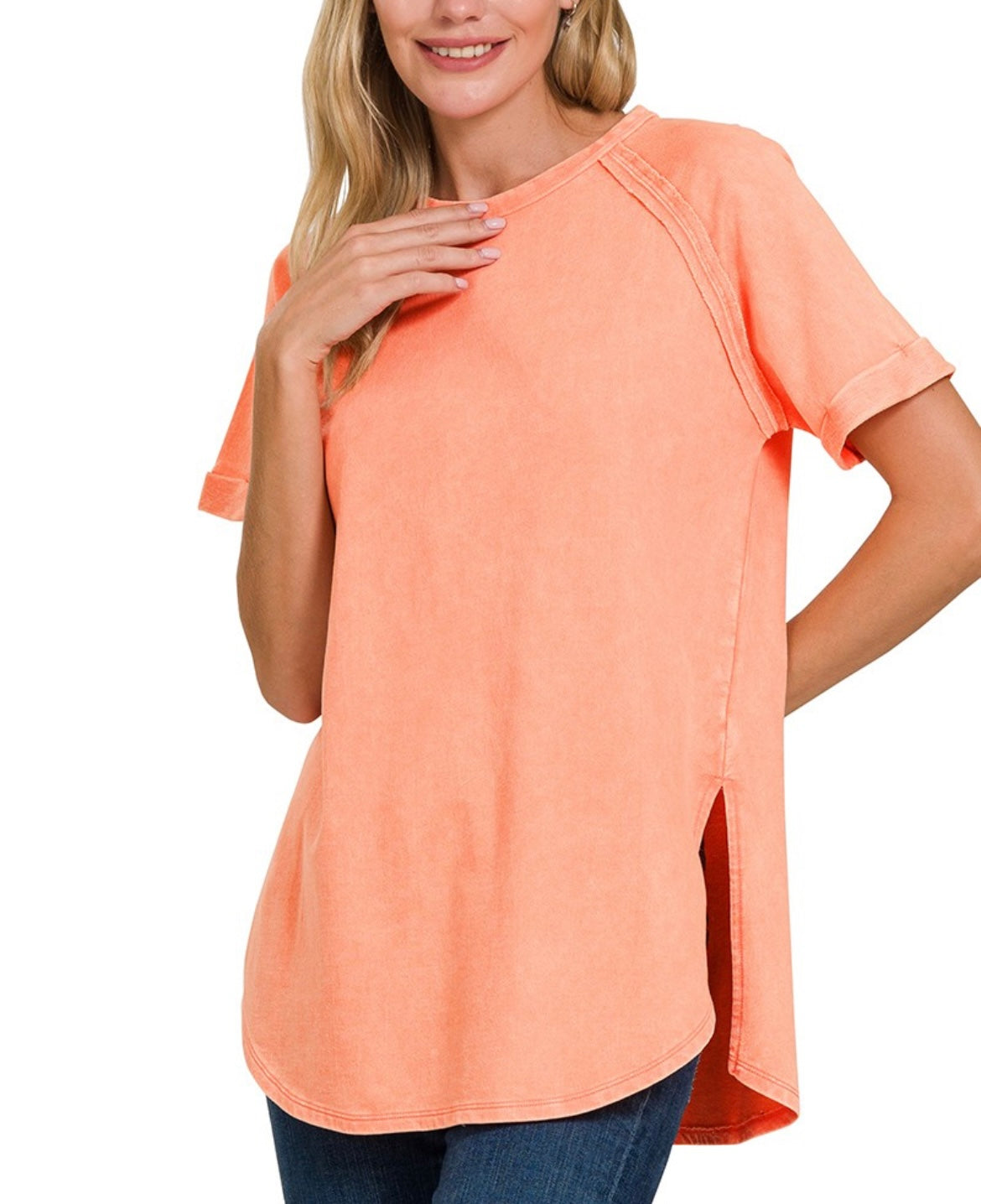 Zenana-F/Terry Acid Wash Short Cuff Sleeve Shirt(More Colors)