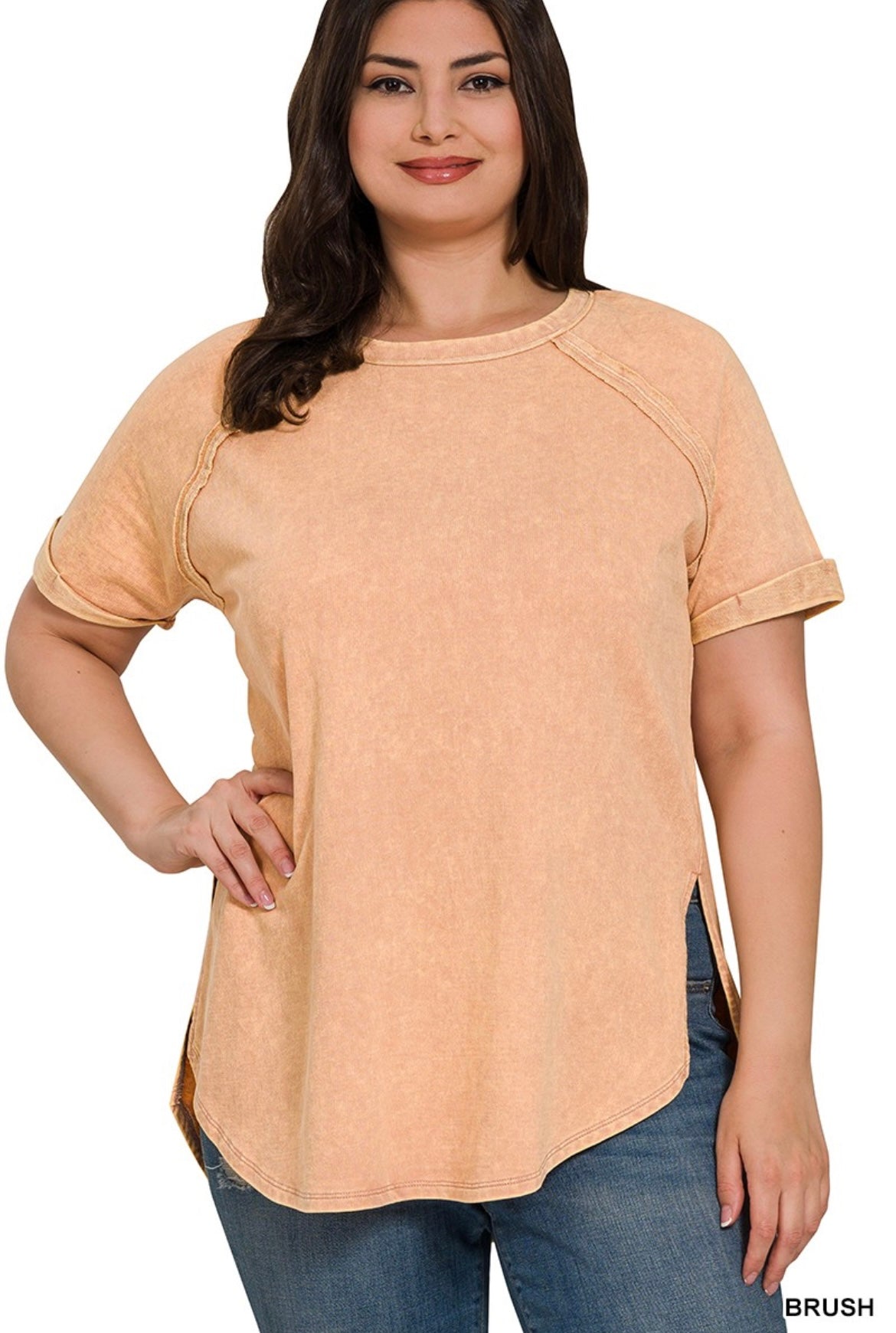 Zenana-F/Terry Acid Wash Short Cuff Sleeve Shirt(More Colors)