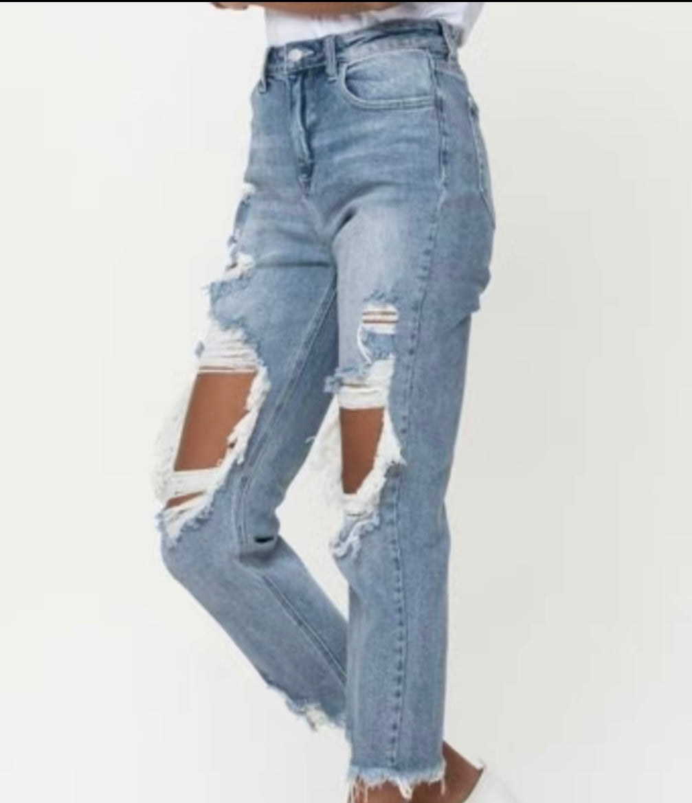 High Rise Distressed Crop Straight Jean
