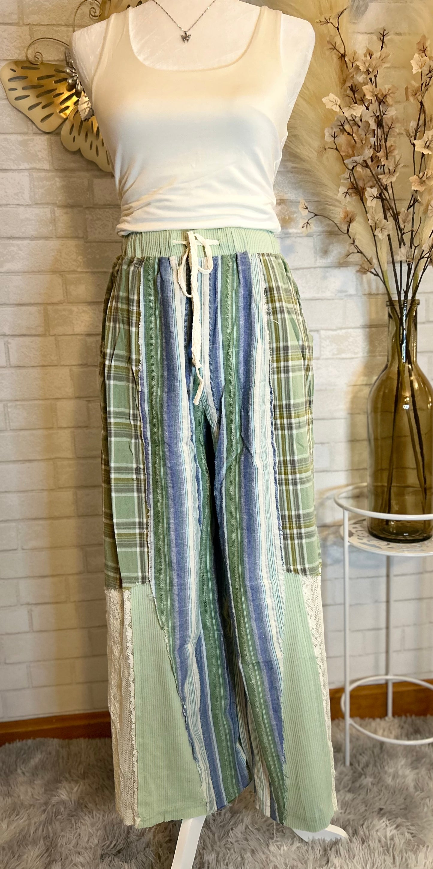 Pol-Elastic waist band plaid print lace straight pants