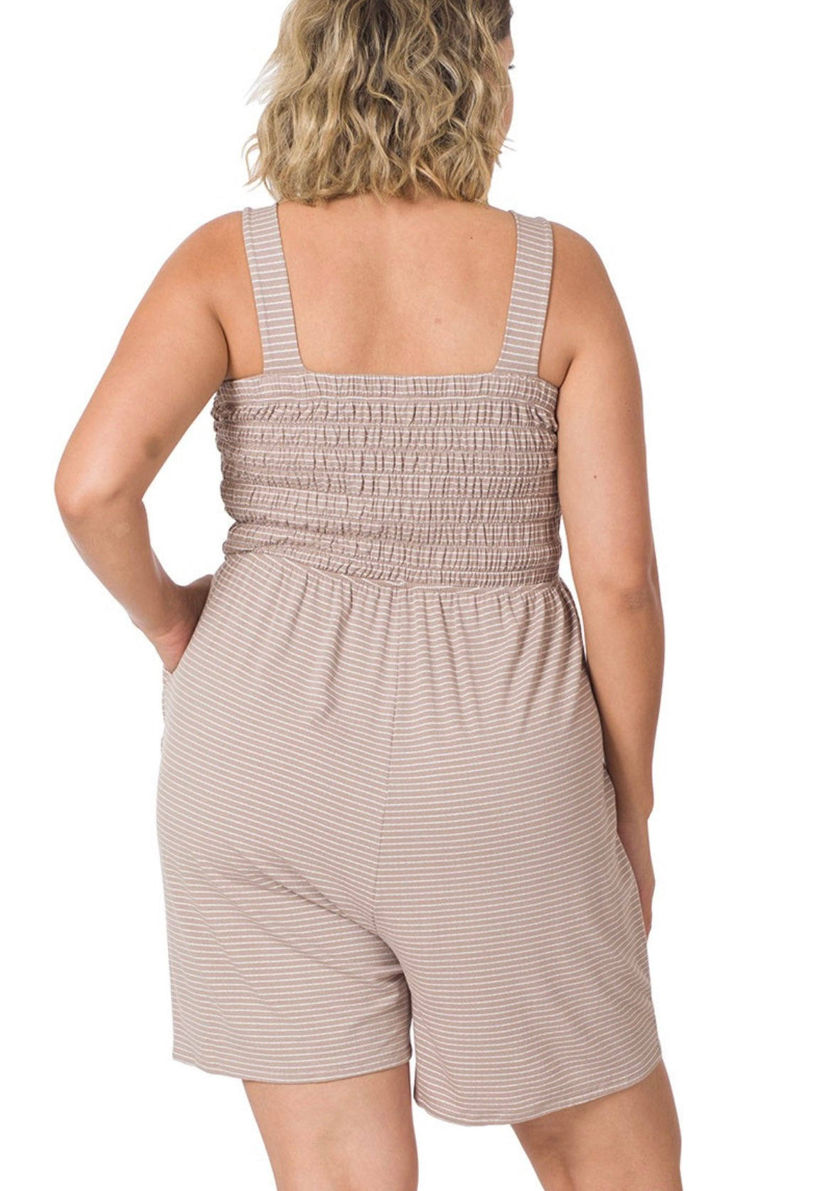 Zenana-Beach Day Smocked Top Striped Romper
W/Pockets (Plus Size)