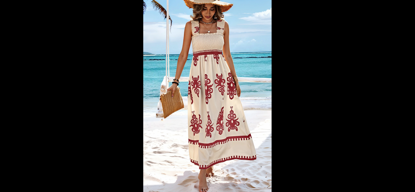 Ruched Square Neck Sleeveless High Waist Dress