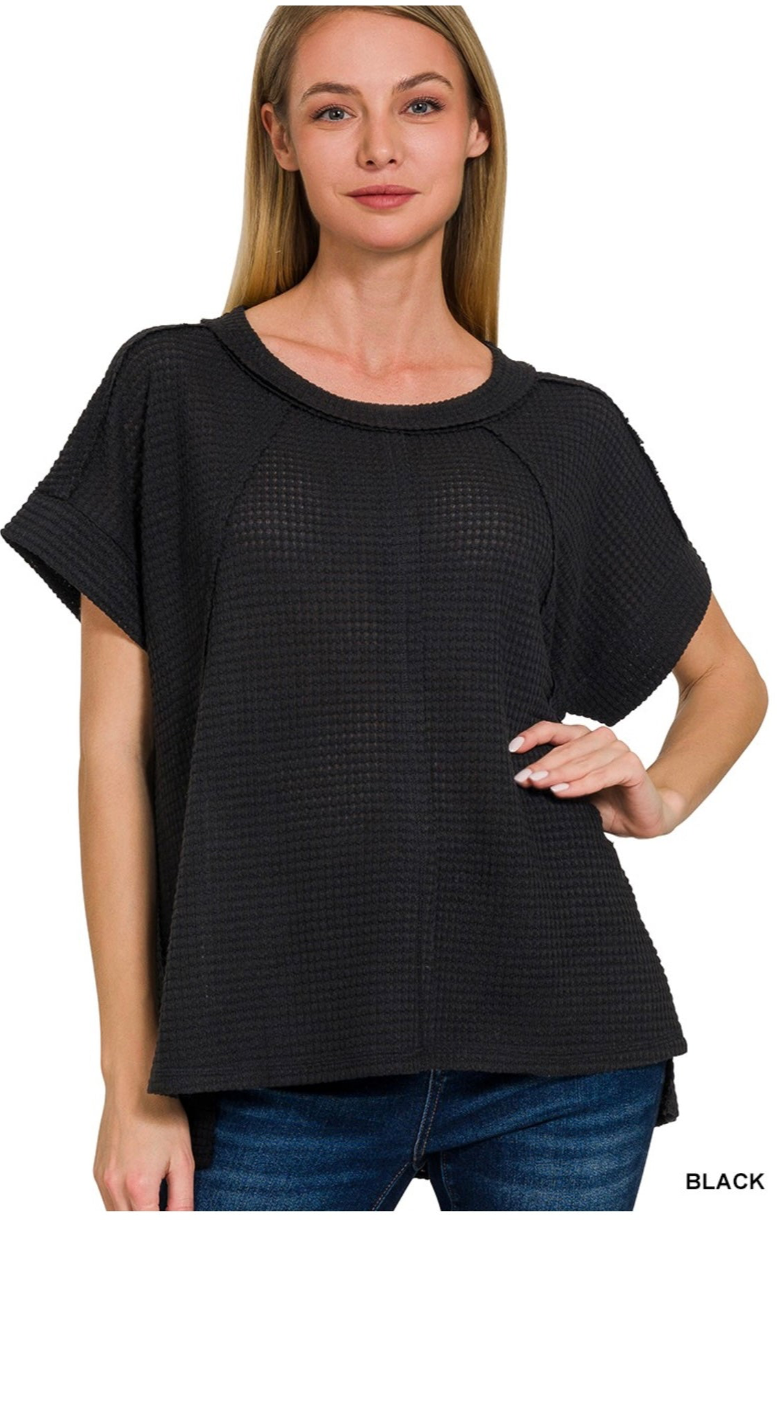 Zenana-Brushed Waffle Exposed-Seam
Short Sleeve Top W/Side Slits(More Colors)