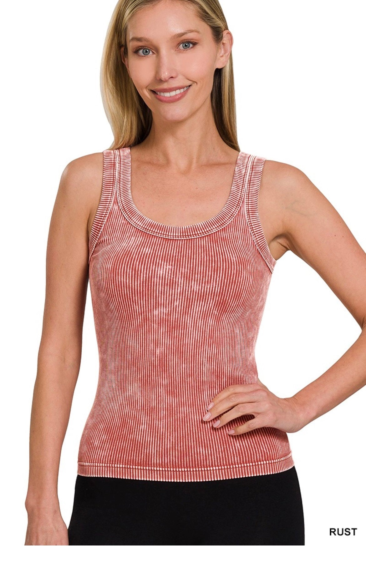 Zenana-2 Way Neckline Washed Ribbed Cropped  Tank Top, Reversible(More Colors)