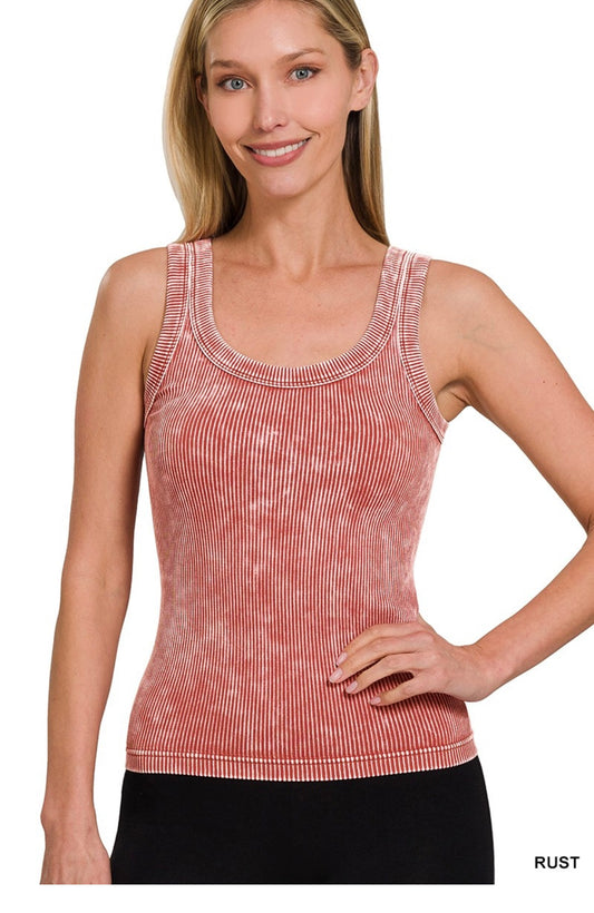 Zenana-2 Way Neckline Washed Ribbed Cropped  Tank Top, Reversible(More Colors)