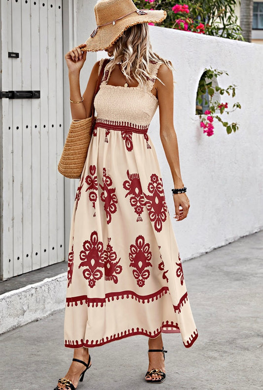 Ruched Square Neck Sleeveless High Waist Dress