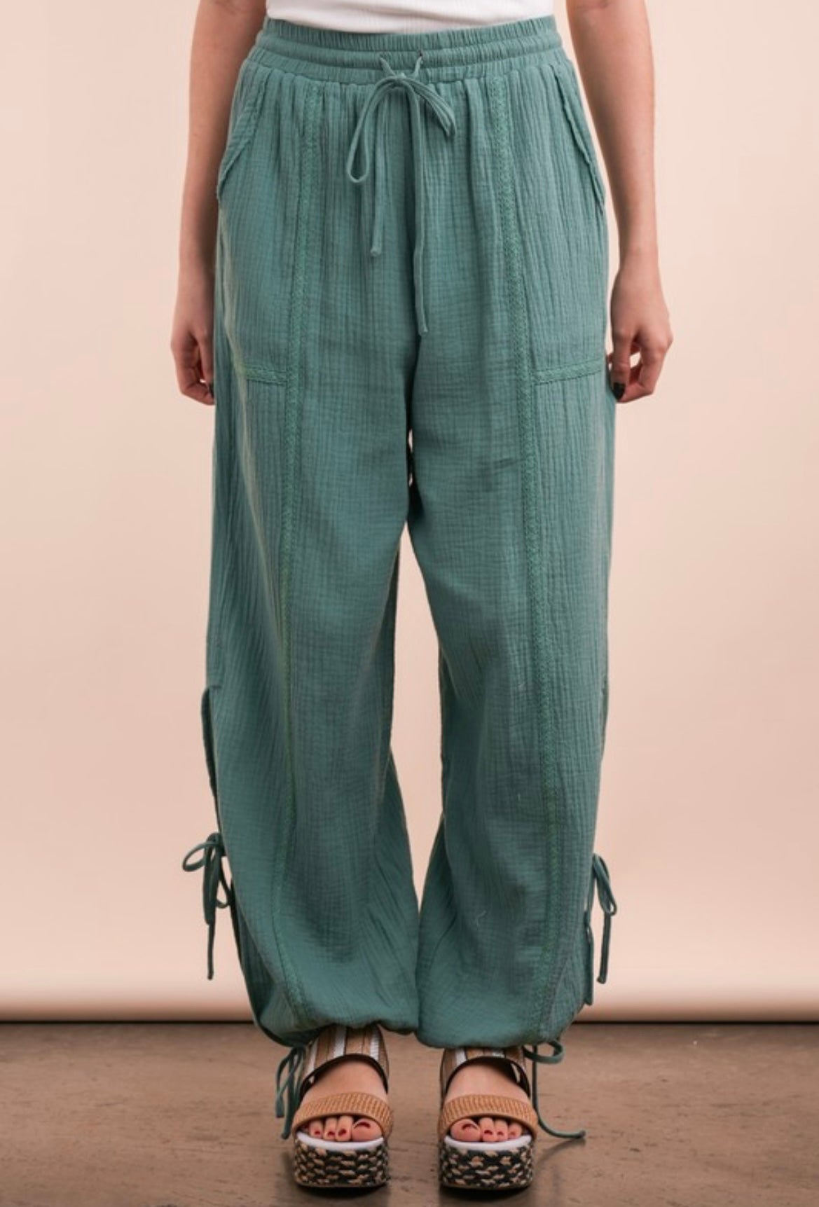 Side Tunnel Harem Pants With Lace Trim Detail