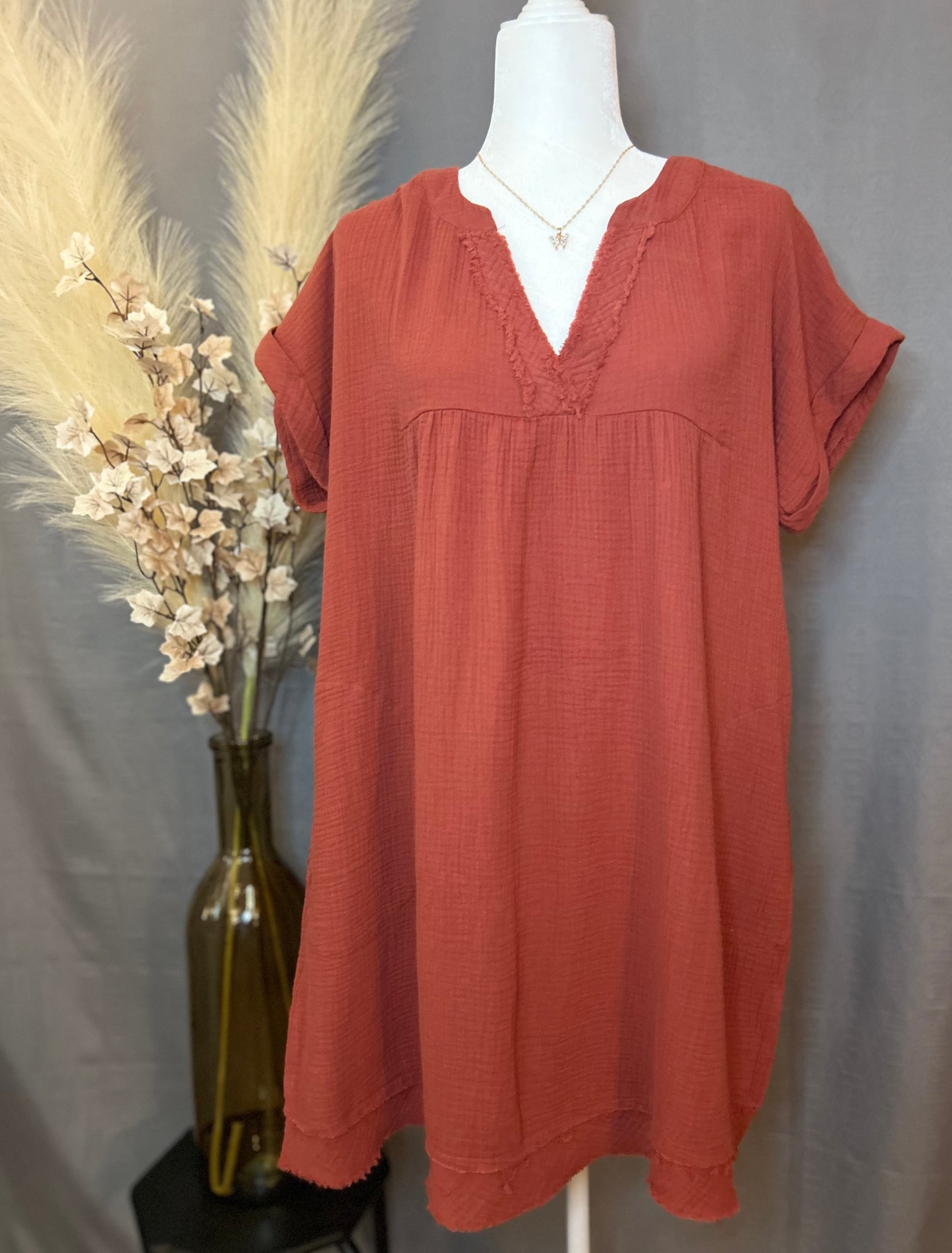 Zenana -Double Gauze Raw Edge V-Neck Dress W/Pockets(More Colors)