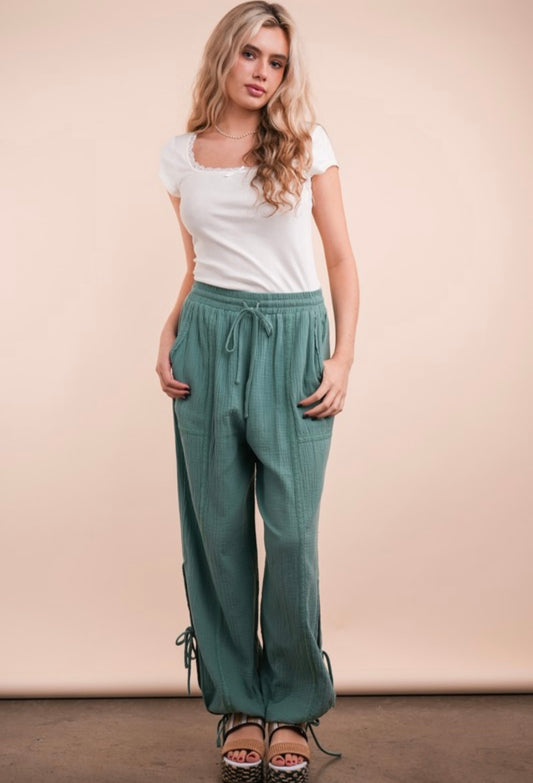 Side Tunnel Harem Pants With Lace Trim Detail