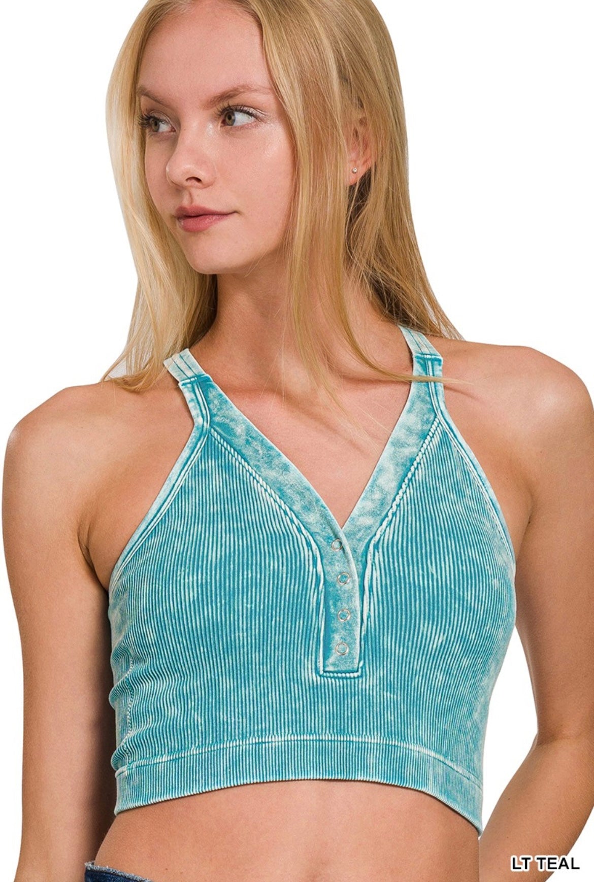 Zenana-Washed Ribbed Cropped Button V-Neck Tank Top(More Colors)