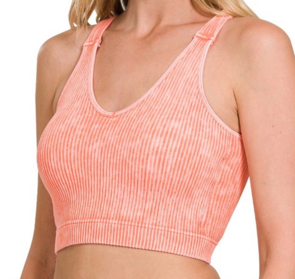 Zenana-Washed Ribbed Cropped Bra Padded Tank Top V-Neck(More Colors)