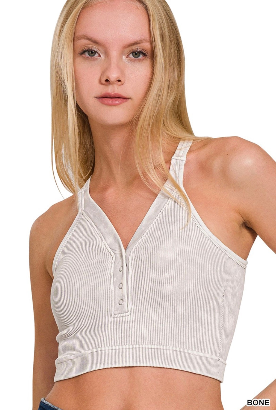 Zenana-Washed Ribbed Cropped Button V-Neck Tank Top(More Colors)