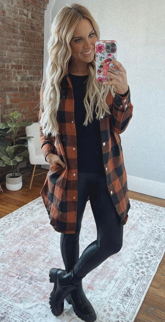 On The Go Plaid Turn-down Collar Shacket W/Pockets