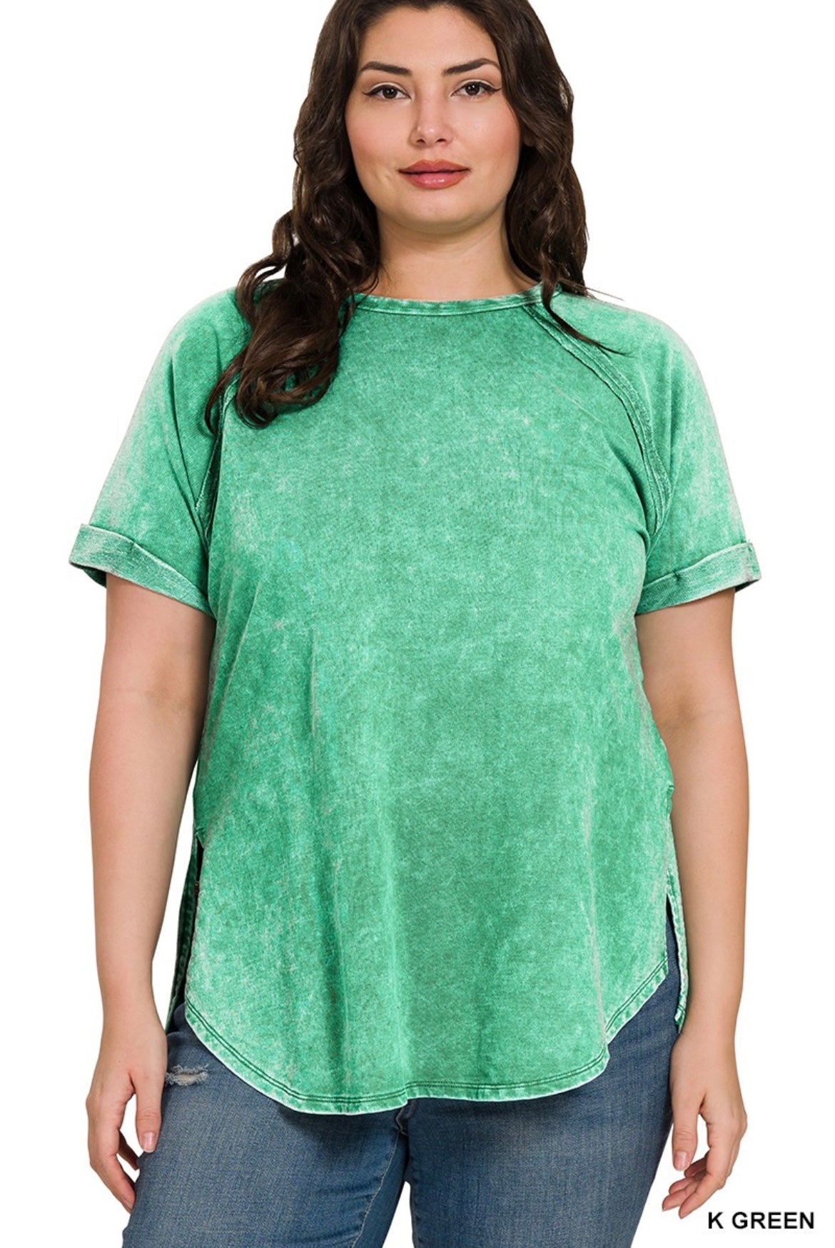 Zenana-F/Terry Acid Wash Short Cuff Sleeve Shirt(More Colors)