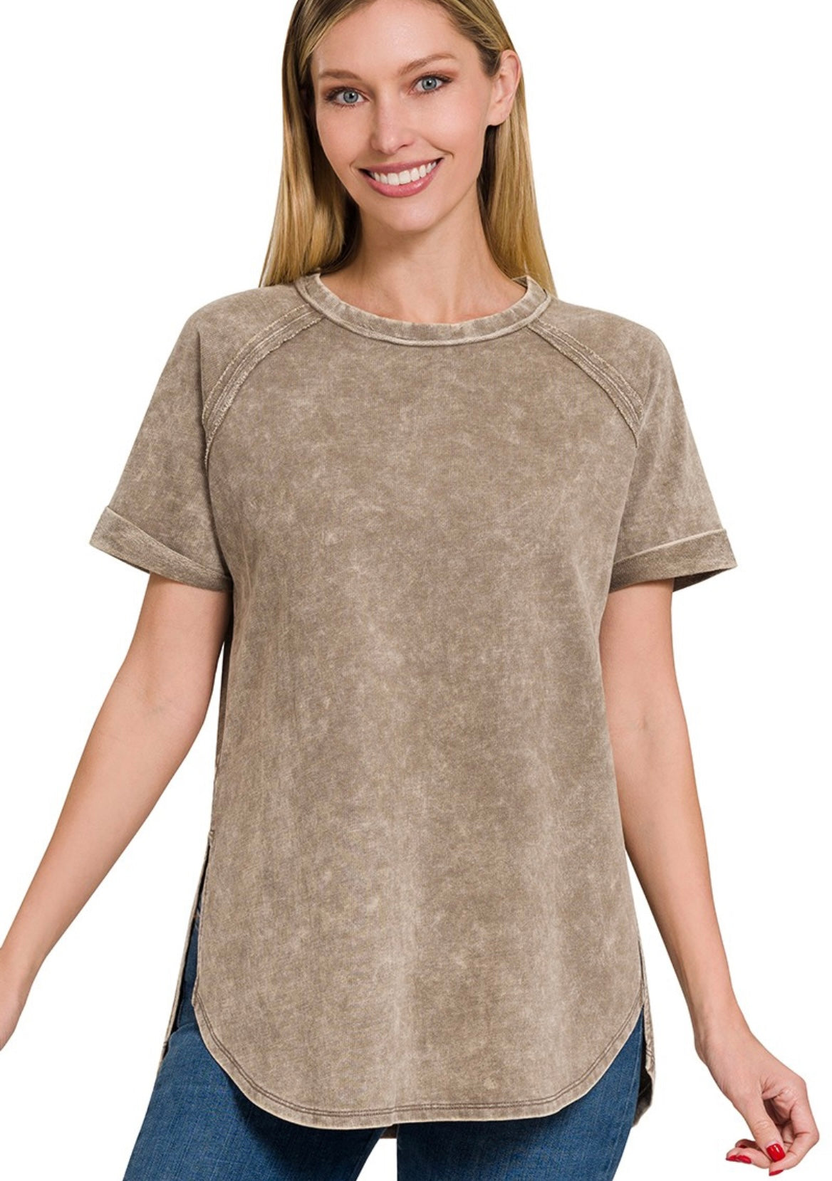 Zenana-F/Terry Acid Wash Short Cuff Sleeve Shirt(More Colors)