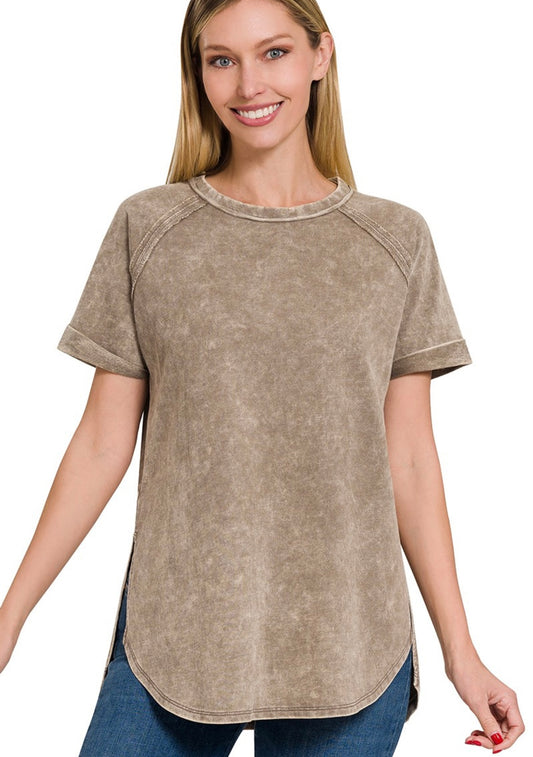 Zenana-F/Terry Acid Wash Short Cuff Sleeve Shirt(More Colors)