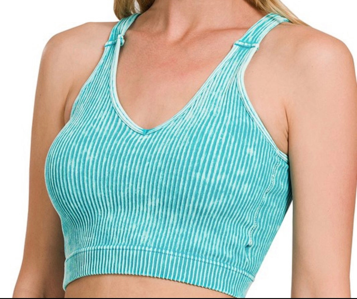 Zenana-Washed Ribbed Cropped Bra Padded Tank Top V-Neck(More Colors)