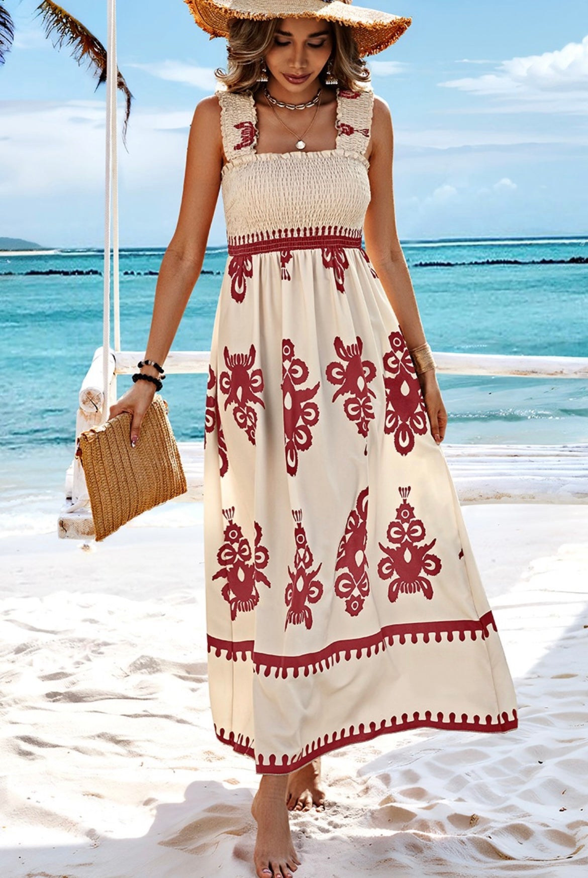 Ruched Square Neck Sleeveless High Waist Dress