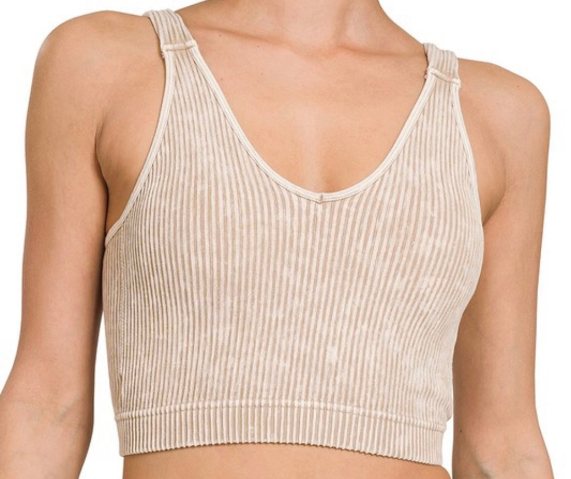 Zenana-Washed Ribbed Cropped Bra Padded Tank Top V-Neck(More Colors)