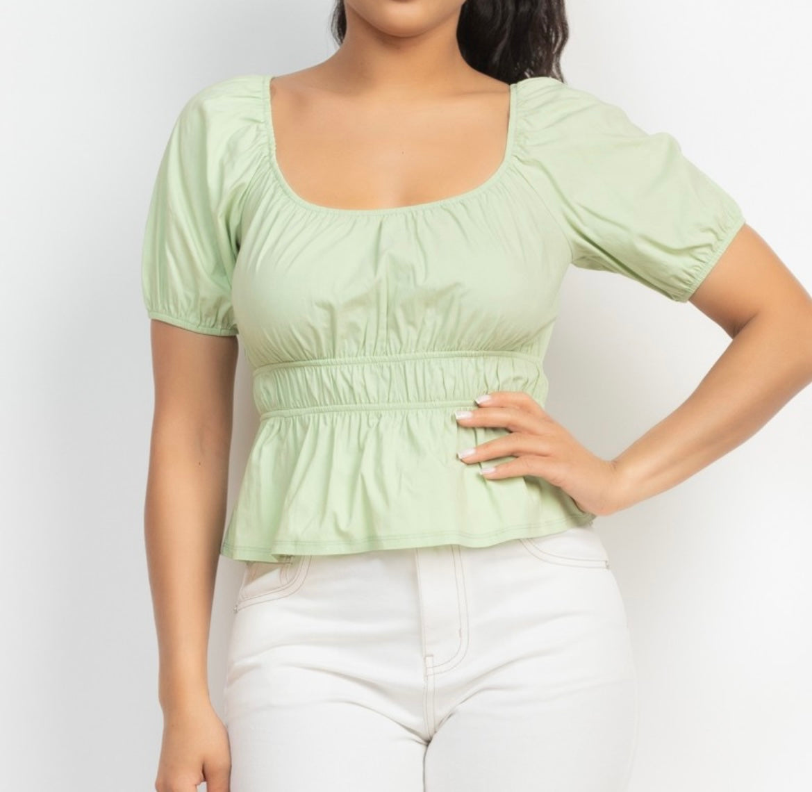 Dahlia U-Neck Shirred Solid Top(More Colors)