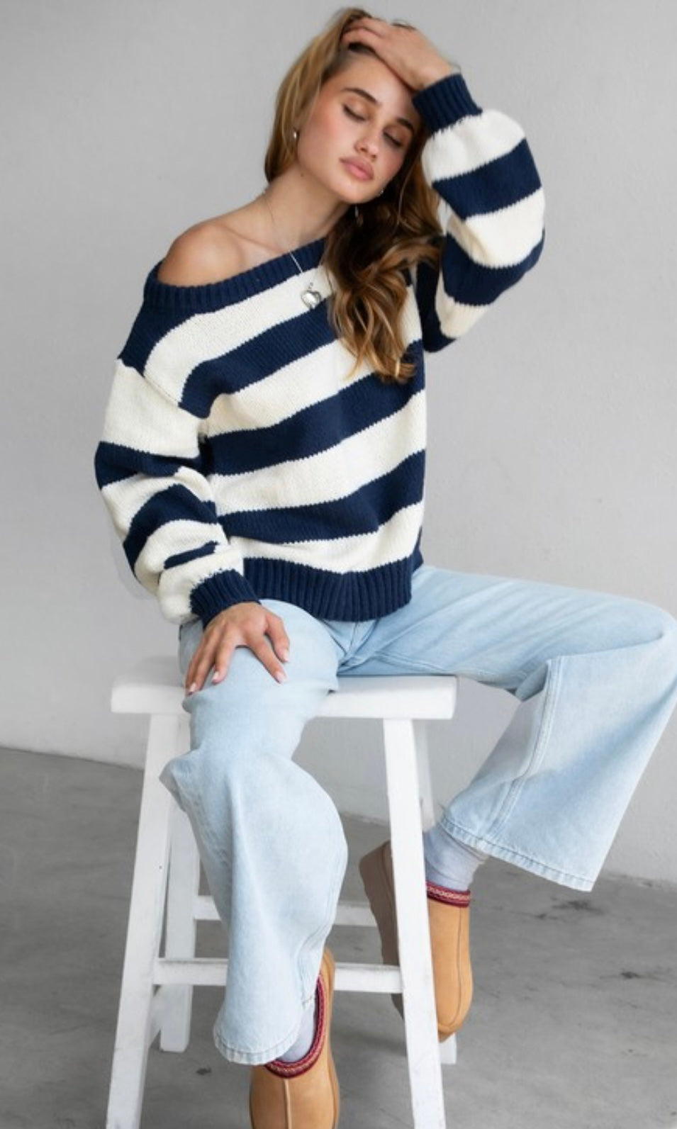 Off The Shoulder Striped Knit Sweater